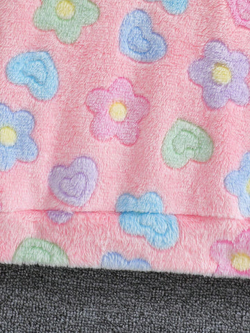 Girls' Heart & Floral Print Long Sleeve Hooded Fuzzy Dress With Handbag