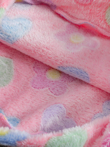 Girls' Heart & Floral Print Long Sleeve Hooded Fuzzy Dress With Handbag