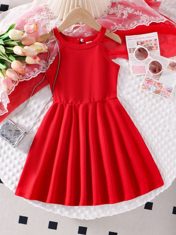 Girls High-End Elegant Red Halter Neck Sleeveless Dress, Fashion A-Line Waist Gathered Simple Party Dress For Girls