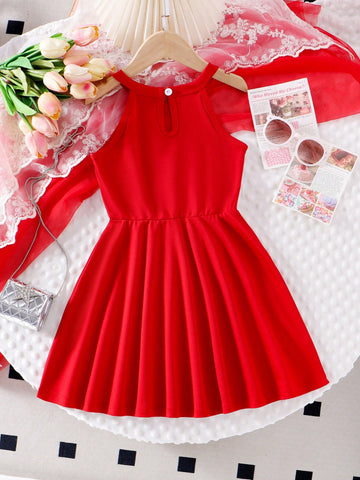 Girls High-End Elegant Red Halter Neck Sleeveless Dress, Fashion A-Line Waist Gathered Simple Party Dress For Girls