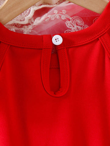 Girls High-End Elegant Red Halter Neck Sleeveless Dress, Fashion A-Line Waist Gathered Simple Party Dress For Girls