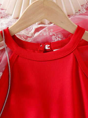 Girls High-End Elegant Red Halter Neck Sleeveless Dress, Fashion A-Line Waist Gathered Simple Party Dress For Girls