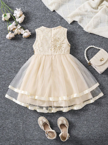 Girls High-End Sequin Embroidered Cake Tulle Dress, Fashion Princess Party Dress With Mesh Skirt, Summer