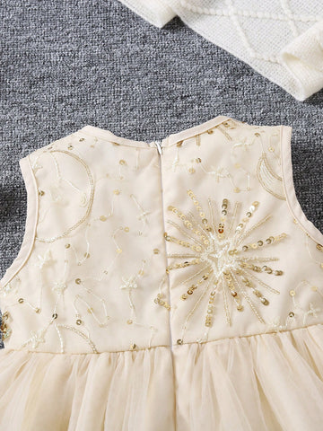 Girls High-End Sequin Embroidered Cake Tulle Dress, Fashion Princess Party Dress With Mesh Skirt, Summer