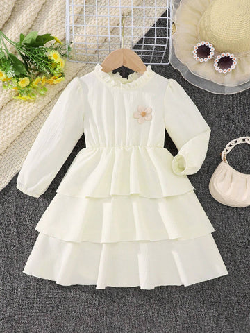 Girls High Collar Floral Decorated Casual Mid-Length Dress For Spring & Autumn