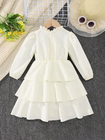 Girls High Collar Floral Decorated Casual Mid-Length Dress For Spring & Autumn