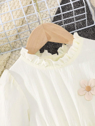 Girls High Collar Floral Decorated Casual Mid-Length Dress For Spring & Autumn