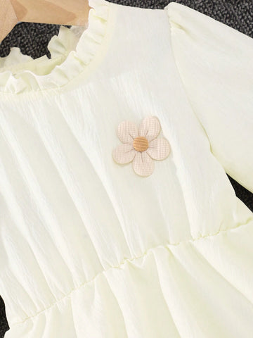 Girls High Collar Floral Decorated Casual Mid-Length Dress For Spring & Autumn