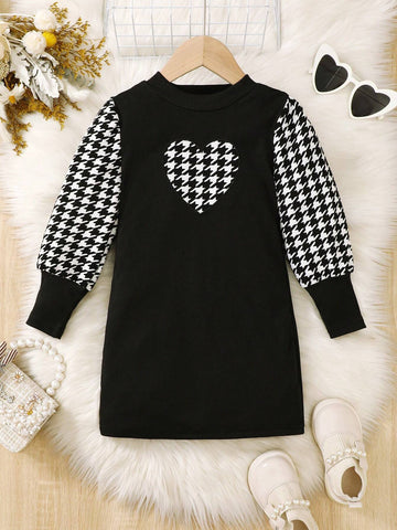 Girls High Neck Ribbed Knit Patchwork Houndstooth Long Sleeve Casual Retro Fashionable Dress