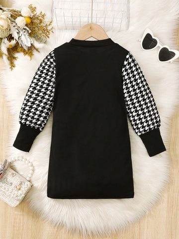 Girls High Neck Ribbed Knit Patchwork Houndstooth Long Sleeve Casual Retro Fashionable Dress