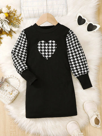 Girls High Neck Ribbed Knit Patchwork Houndstooth Long Sleeve Casual Retro Fashionable Dress