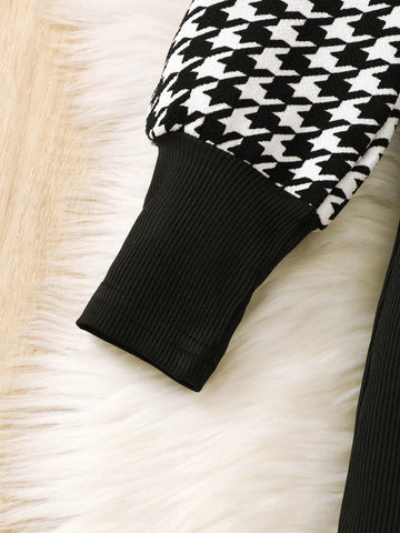 Girls High Neck Ribbed Knit Patchwork Houndstooth Long Sleeve Casual Retro Fashionable Dress
