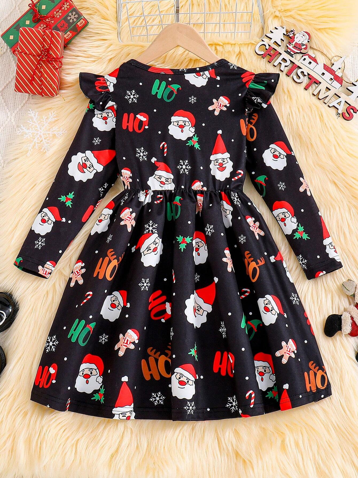 Girls Holiday Animal Cartoon Print Round Neck Long Sleeve Waisted Dress