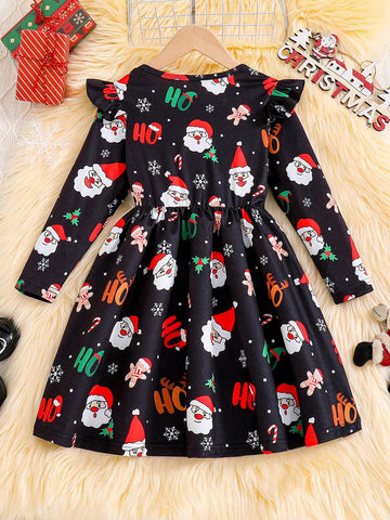 Girls Holiday Animal Cartoon Print Round Neck Long Sleeve Waisted Dress