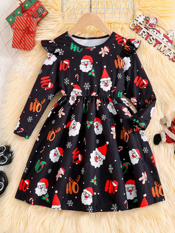 Girls Holiday Animal Cartoon Print Round Neck Long Sleeve Waisted Dress