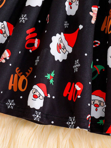 Girls Holiday Animal Cartoon Print Round Neck Long Sleeve Waisted Dress