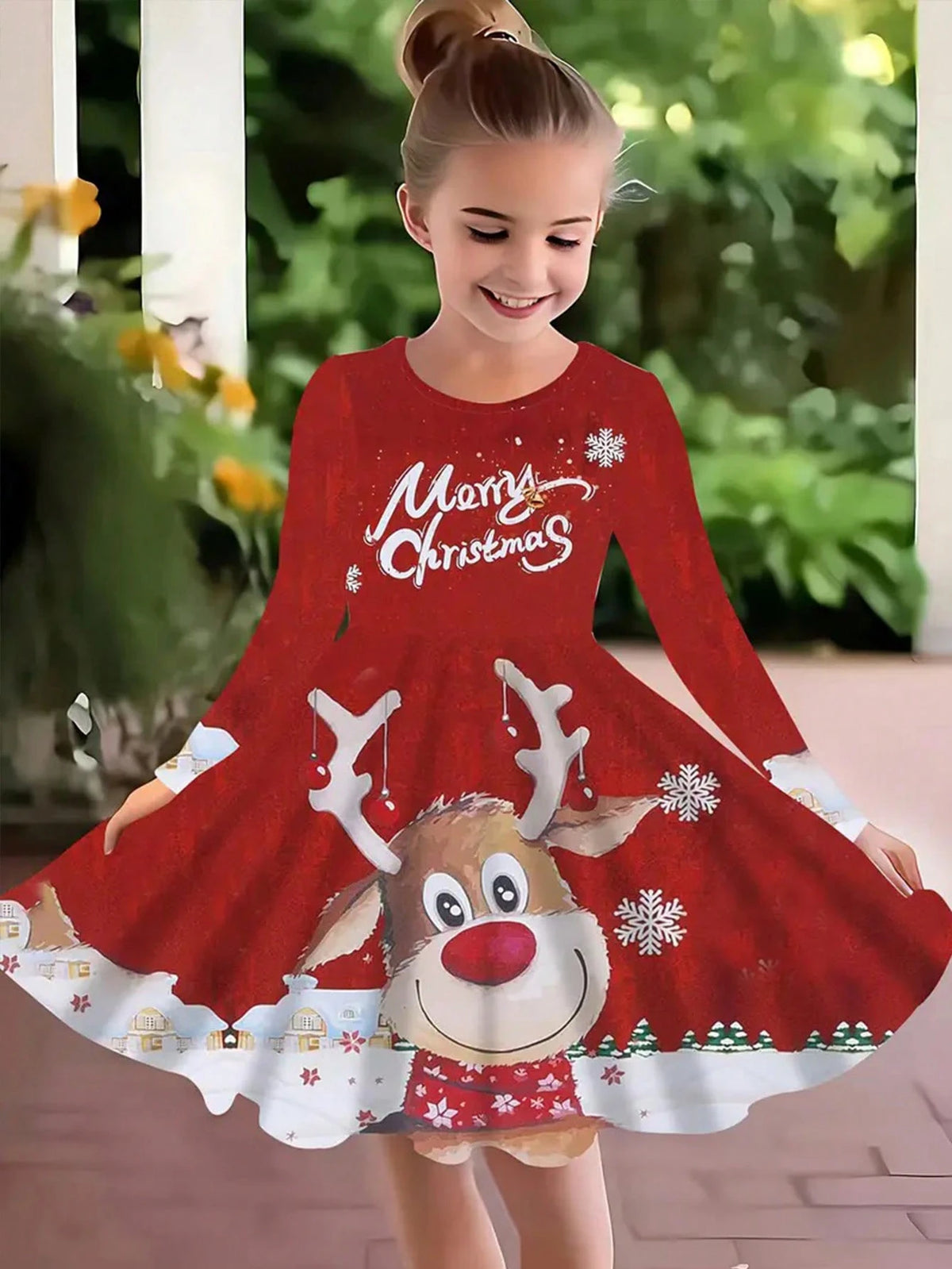 Girls' Holiday Christmas Reindeer & Snowflake 3D Print Dress - Casual Elegant Long Sleeve Crew Neck - Perfect For Spring, Summer & Autumn