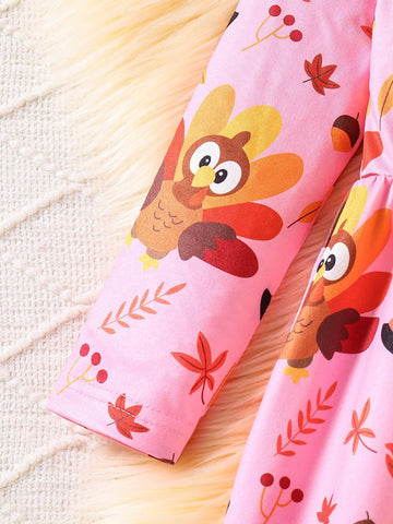 Girls' Holiday Turkey Cartoon Print Round Neck Long Sleeve Cinched Waist Dress.