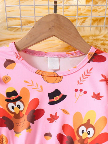 Girls' Holiday Turkey Cartoon Print Round Neck Long Sleeve Cinched Waist Dress.