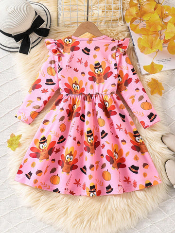 Girls' Holiday Turkey Cartoon Print Round Neck Long Sleeve Cinched Waist Dress.