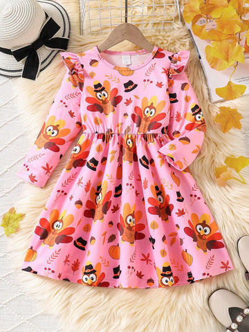 Girls' Holiday Turkey Cartoon Print Round Neck Long Sleeve Cinched Waist Dress.