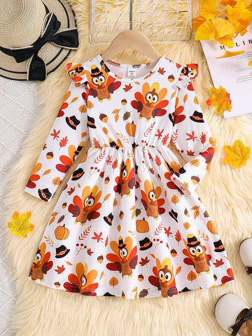 Girls Holiday Turkey Cartoon Print Round Neck Long Sleeve Fitted Dress