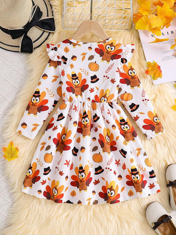 Girls Holiday Turkey Cartoon Print Round Neck Long Sleeve Fitted Dress