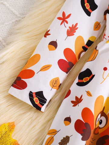 Girls Holiday Turkey Cartoon Print Round Neck Long Sleeve Fitted Dress