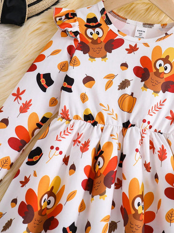 Girls Holiday Turkey Cartoon Print Round Neck Long Sleeve Fitted Dress