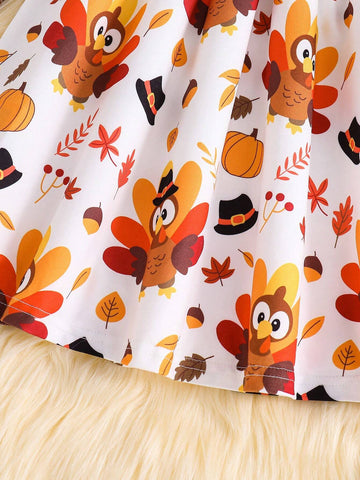 Girls Holiday Turkey Cartoon Print Round Neck Long Sleeve Fitted Dress