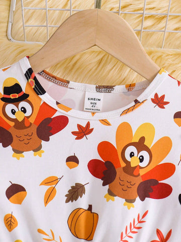 Girls Holiday Turkey Cartoon Print Round Neck Long Sleeve Fitted Dress
