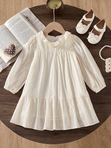 Girls Hollow Solid Color Long Sleeve Embroidery Princess Beach Dress, Cute Girls Dress