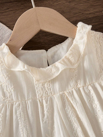 Girls Hollow Solid Color Long Sleeve Embroidery Princess Beach Dress, Cute Girls Dress