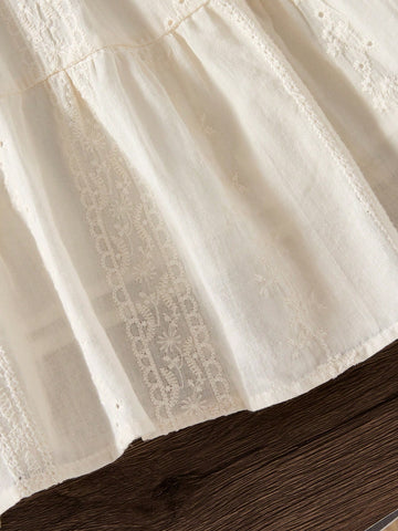 Girls Hollow Solid Color Long Sleeve Embroidery Princess Beach Dress, Cute Girls Dress
