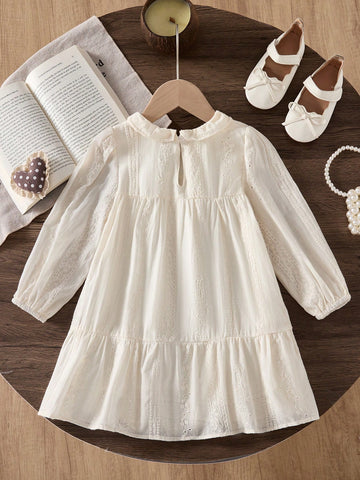 Girls Hollow Solid Color Long Sleeve Embroidery Princess Beach Dress, Cute Girls Dress
