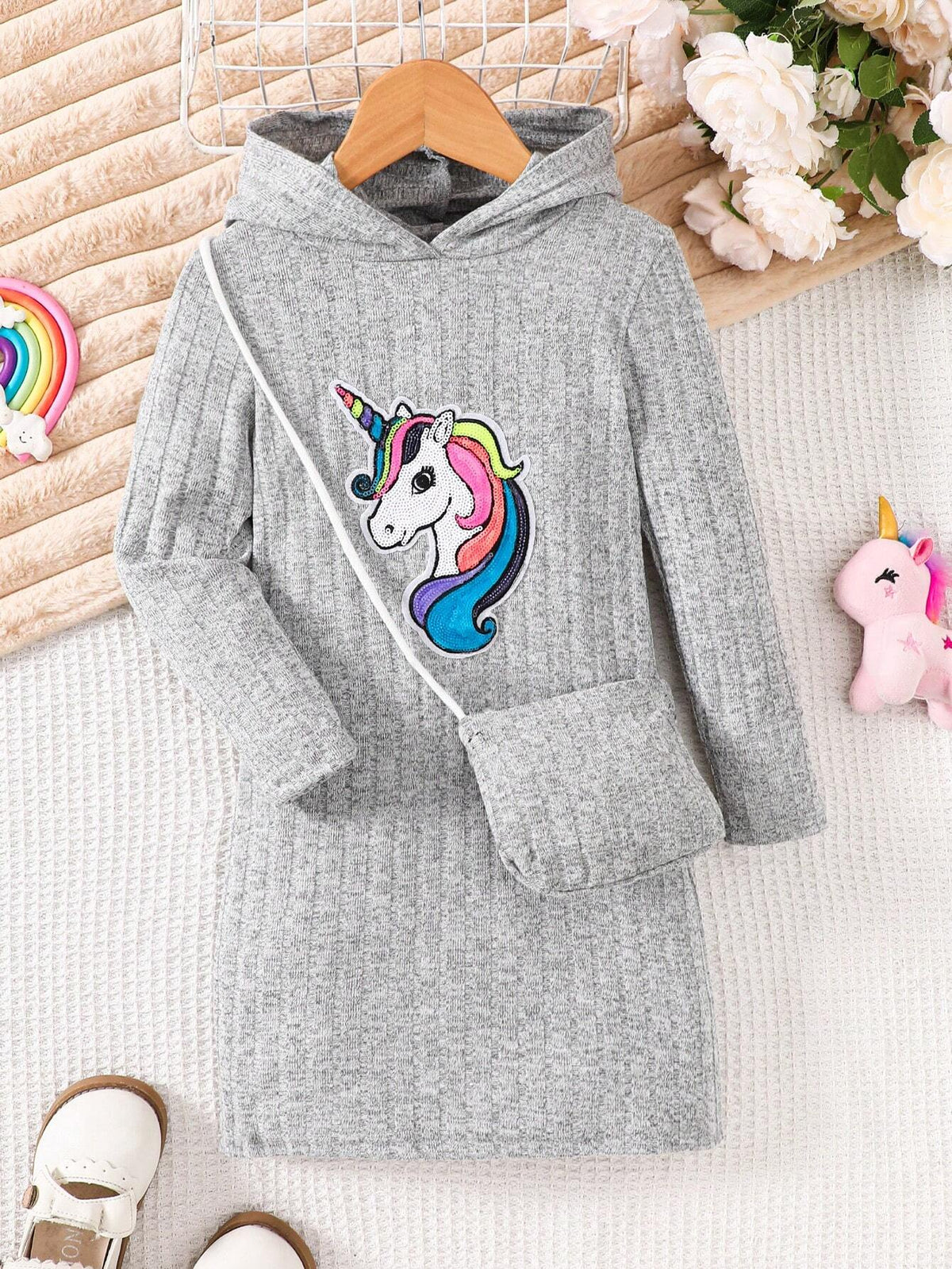 Girls Hooded Long Sleeve Dress, Soft Textured Fabric, Casual Style Everyday Dress
