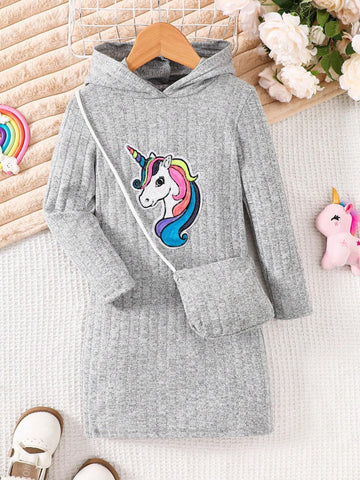 Girls Hooded Long Sleeve Dress, Soft Textured Fabric, Casual Style Everyday Dress