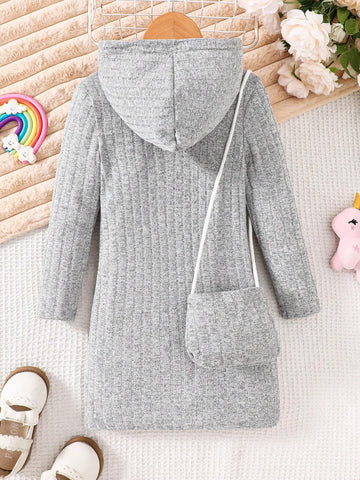 Girls Hooded Long Sleeve Dress, Soft Textured Fabric, Casual Style Everyday Dress