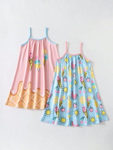 Girl's Ice-Cream Tie-Dye Printed 2-In-1 Pack Cami Dress