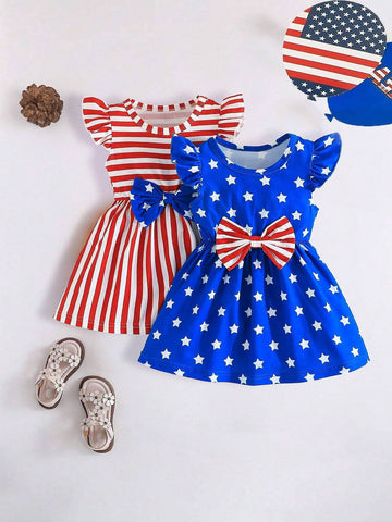 Girls Independence Day Contrast Color Small Fly Sleeve Dress Set