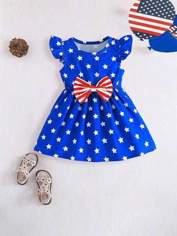 Girls Independence Day Contrast Color Small Fly Sleeve Dress Set