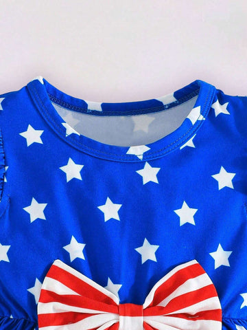 Girls Independence Day Contrast Color Small Fly Sleeve Dress Set