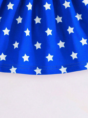 Girls Independence Day Contrast Color Small Fly Sleeve Dress Set