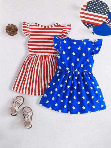 Girls Independence Day Contrast Color Small Fly Sleeve Dress Set
