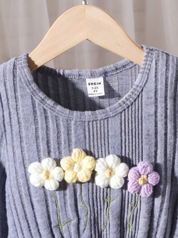 Girls Knit Flower Embroidered Dress, Long Sleeve, Soft & Comfy, Ribbed, Colorblock, High-End Style