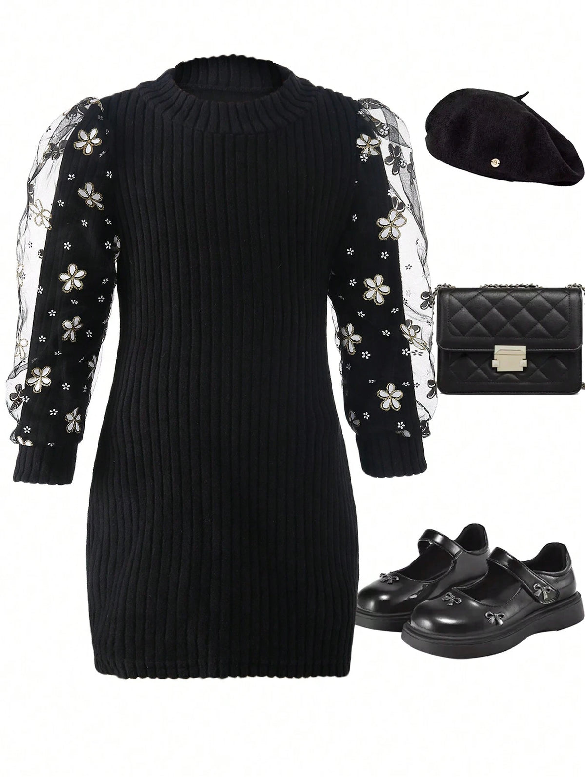Girls Knit Lace Patchwork Long Sleeve Dress, Elegant & Fashionable, Thicken Warm Bodycon Fit Dresses For Young Girl, Autumn/Winter