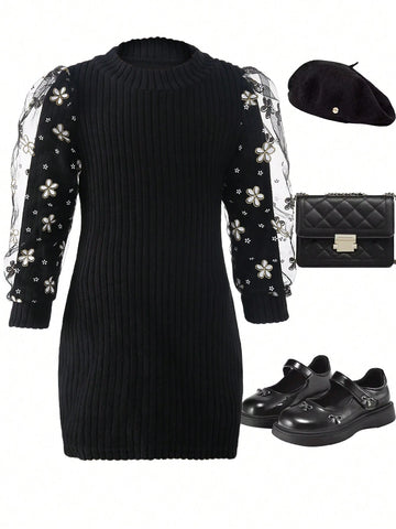 Girls Knit Lace Patchwork Long Sleeve Dress, Elegant & Fashionable, Thicken Warm Bodycon Fit Dresses For Young Girl, Autumn/Winter