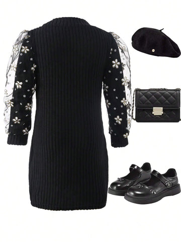 Girls Knit Lace Patchwork Long Sleeve Dress, Elegant & Fashionable, Thicken Warm Bodycon Fit Dresses For Young Girl, Autumn/Winter