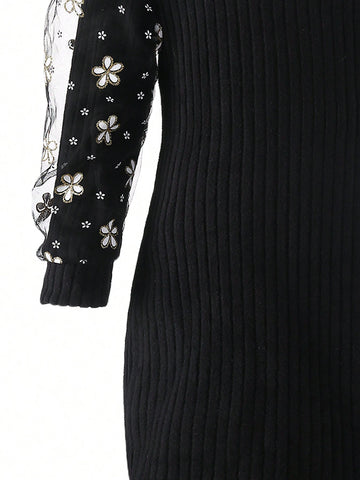 Girls Knit Lace Patchwork Long Sleeve Dress, Elegant & Fashionable, Thicken Warm Bodycon Fit Dresses For Young Girl, Autumn/Winter