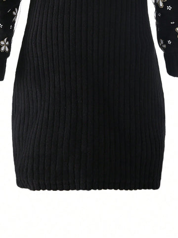 Girls Knit Lace Patchwork Long Sleeve Dress, Elegant & Fashionable, Thicken Warm Bodycon Fit Dresses For Young Girl, Autumn/Winter